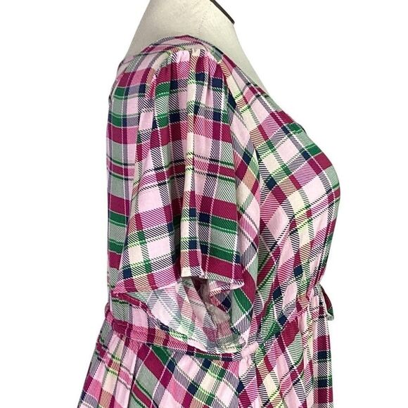 Torrid Top Women 2X Pink Plaid Babydoll Lattice Back Short Sleeves Stretch Waist - Picture 6 of 9